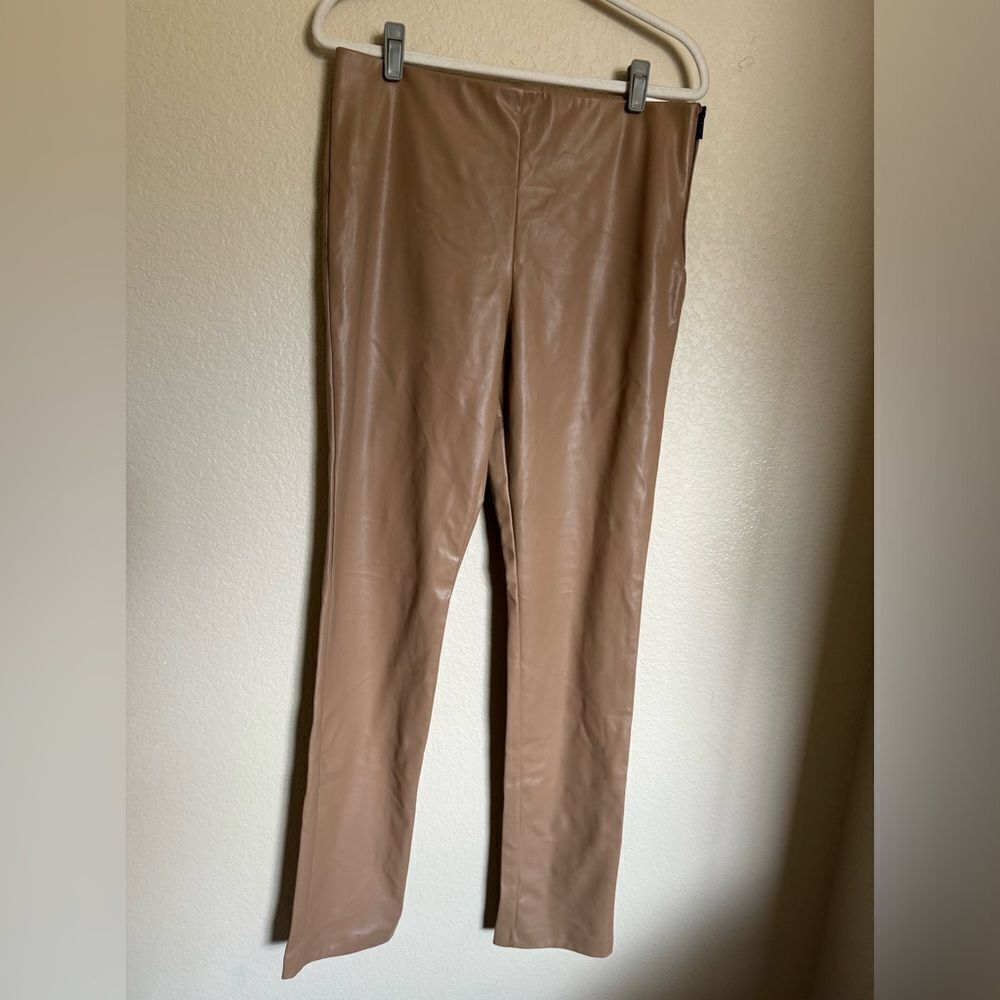 ZARA Faux Leather High Rise Straight Leg Pants Leggings Split Hem Sz XL tan NEW